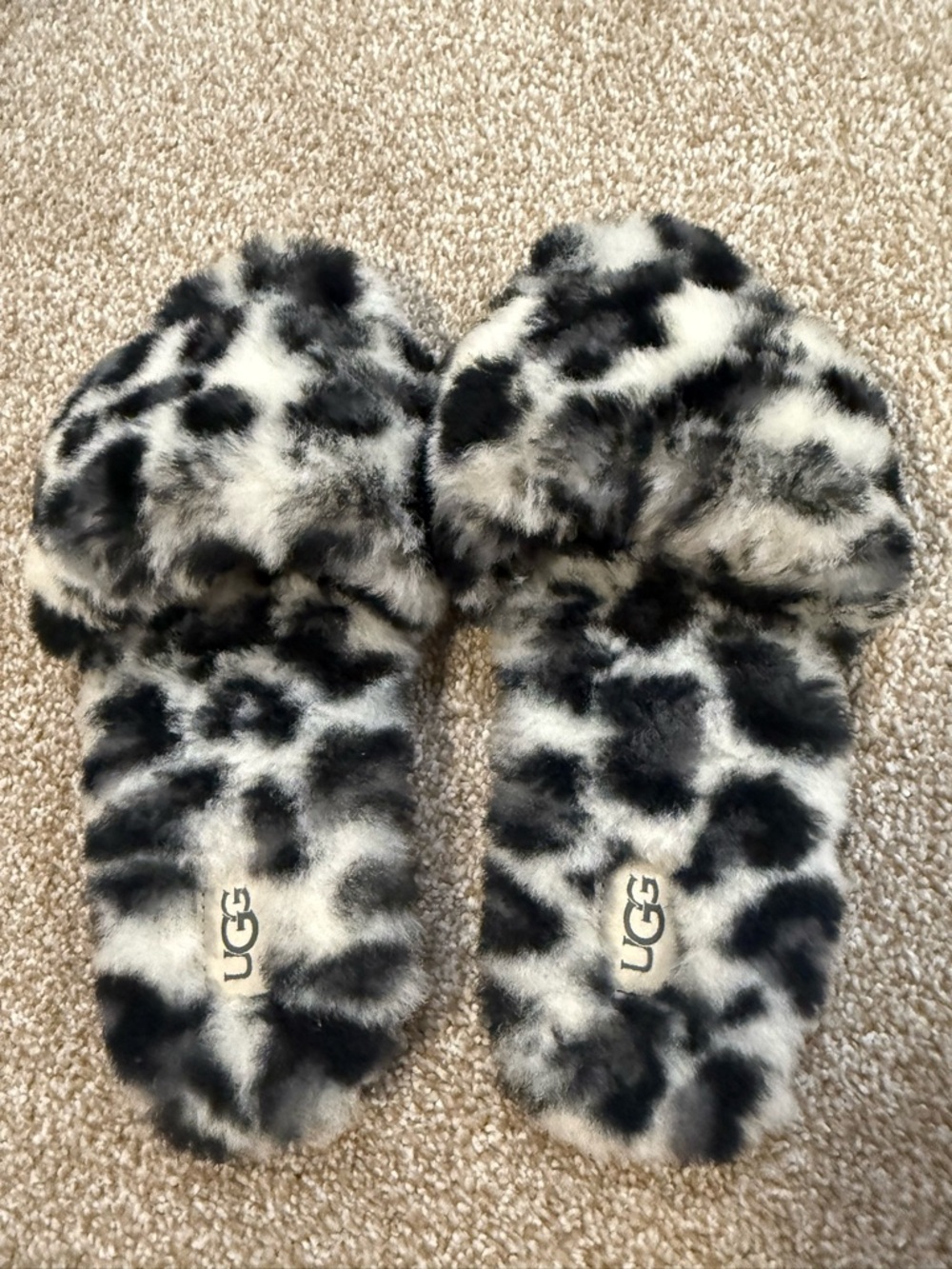 UGG Black and White Faux Fur Leopard Slide Slippers